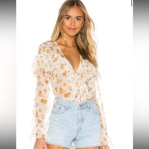 Majorelle Sheer Floral Ruffle Button Down Long Sleeve Blouse Misty Yellow